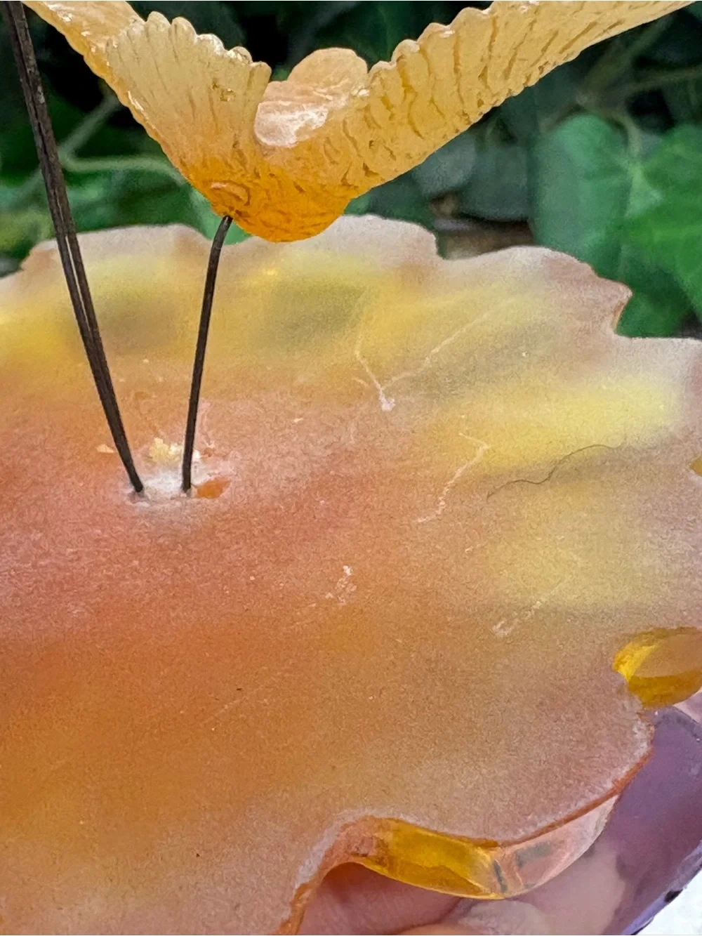 Amber Yellow Glass Bird Figurine Frosted Flower Base 3D Effect